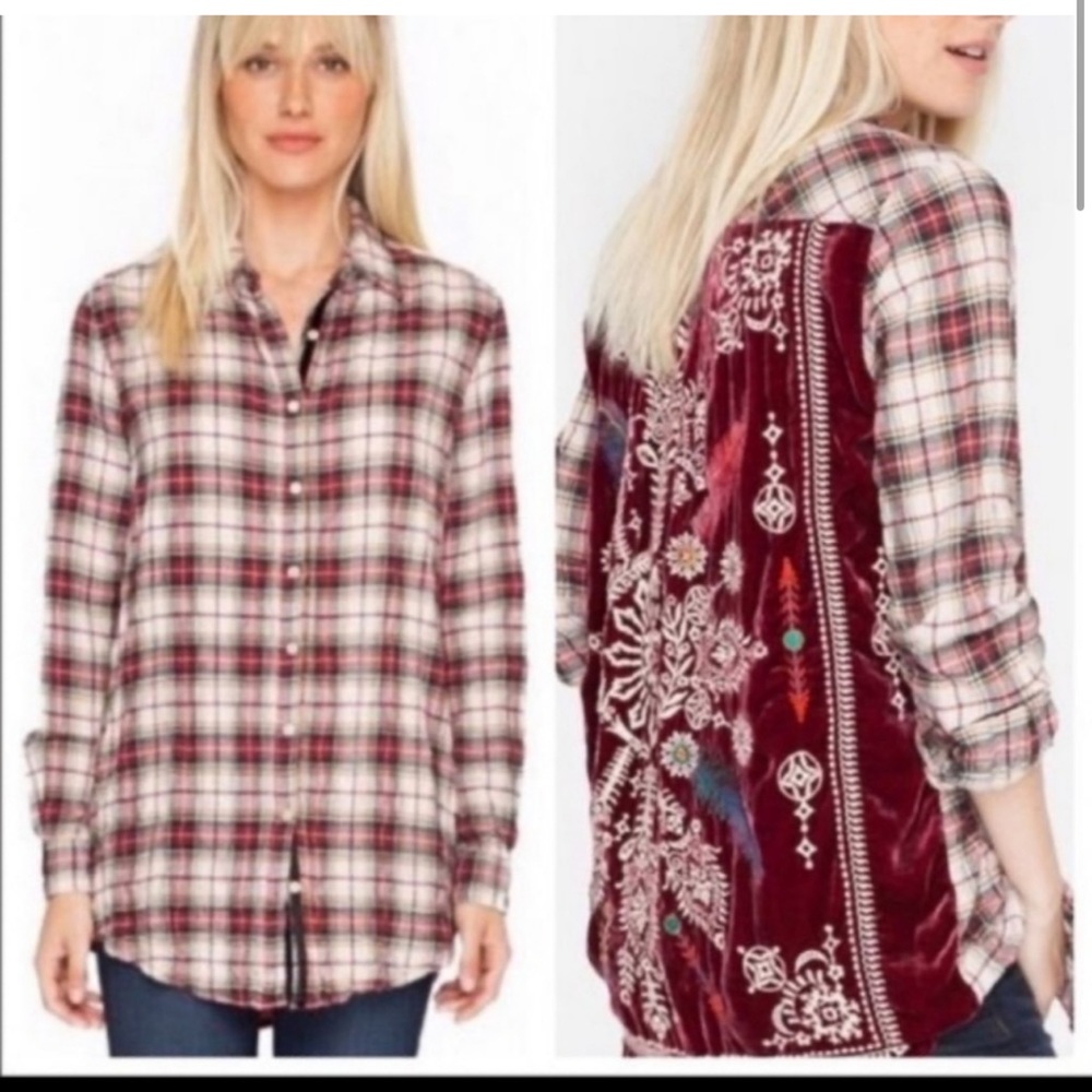 JOHNNY WAS SILK MICA VELVET EMBROIDERED BACK SHIRT Small S Holiday Christmas